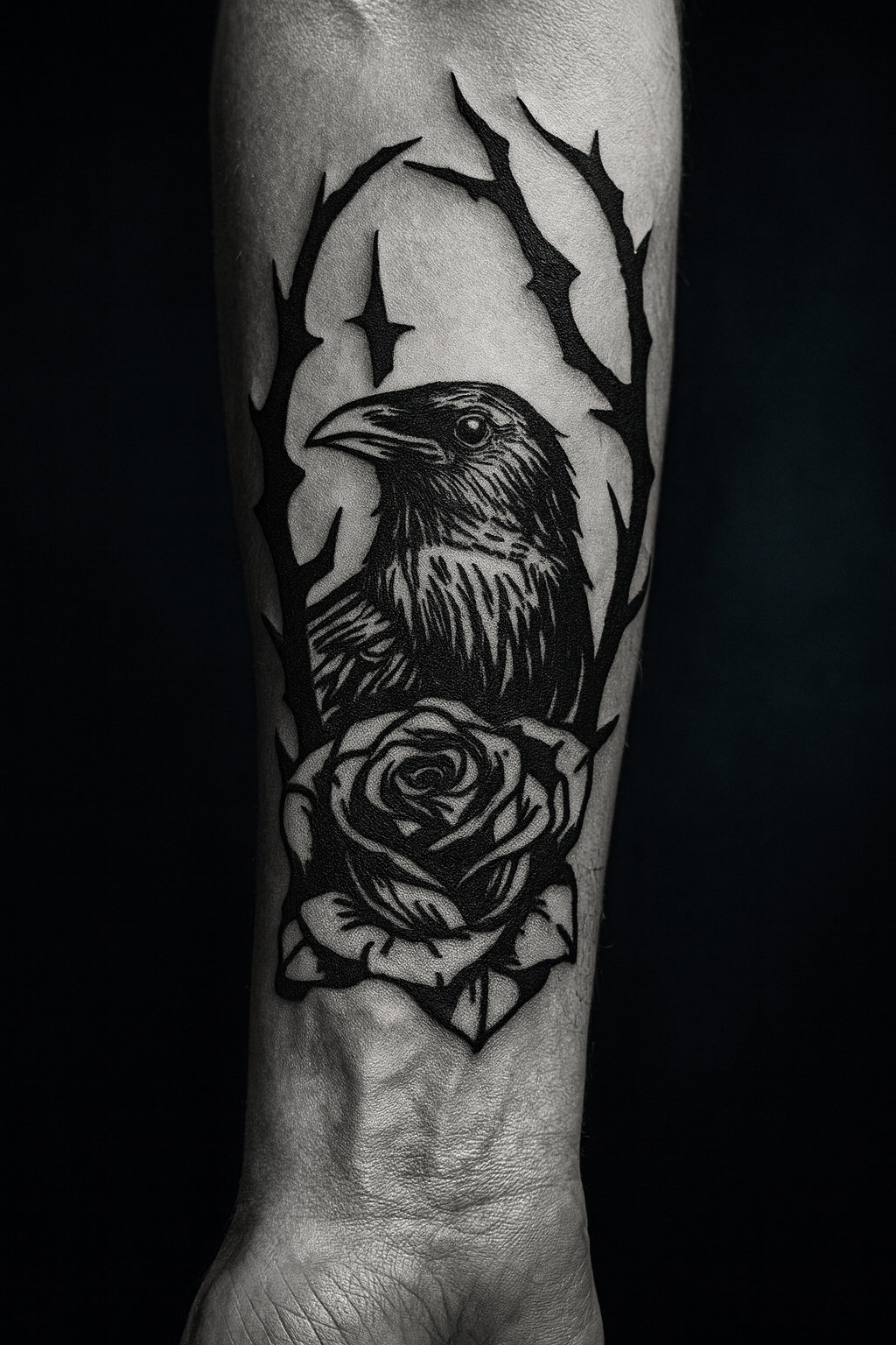 Corbeau, rose et ronces